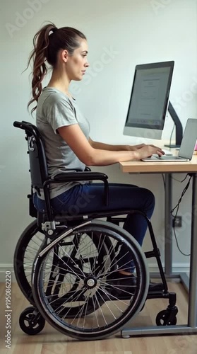Woman in wheelchair working on computer at desk, showcasing accessibility