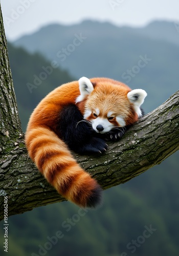 Red panda resting on tree branch in forest habitat animal background animal poster background for poster
