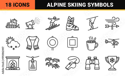 Extreme Winter Sports Neo-Line Art Symbols Featuring Skiing Snowboarding and Alpine Resort Equipment for Technical Wayfinding and Design.