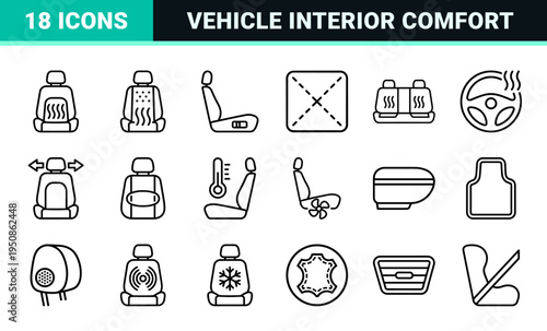 Automotive Interior Comfort Line Icons for Luxury Vehicle Seating Features Technical Monoline Graphics
