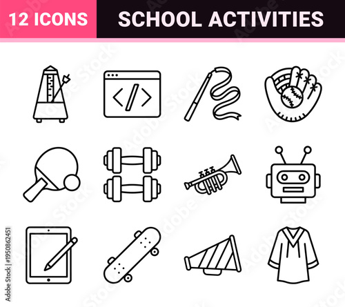 After-School Activities and Youth Enrichment Monoline Symbol Set for Educational Curriculum and Extracurricular Program Branding