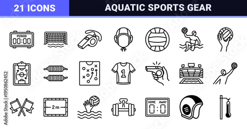 Professional Water Polo and Aquatic Team Sports Monoline Outline Symbols for Tactical Coaching Boards and Tournament Event Branding Graphics.