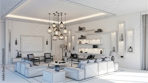 Modern Luxury Living Room Decor Plan with Chandelier, Pendant Lighting, Wall Niches, Floating Shelves CAD 3D Drawing Isolated on White