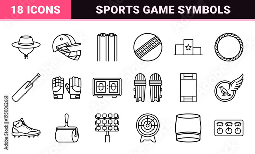 Professional Cricket Sports Equipment and Gameplay Monoline Icons Featuring Batting Bowling and Umpire Symbols in Minimalist Outline Style