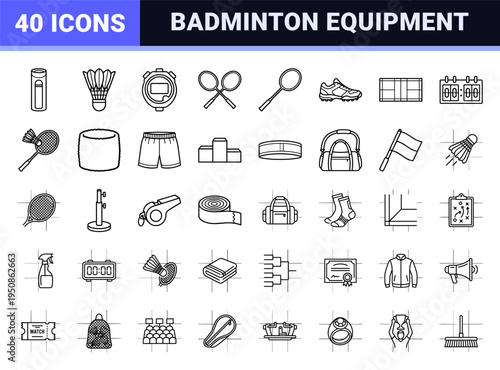 Badminton Professional Equipment and Court Symbols in Technical Monoline Style Featuring Crisp Minimalist Outlines for Sports Graphic Design