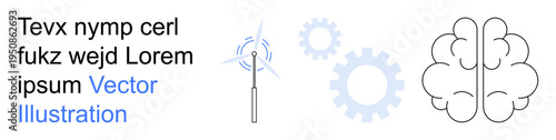 Renewable energy, innovation, mental processes, sustainability, engineering, problem-solving. Wind turbine, gears and a brain outline. Renewable energy and innovation concept