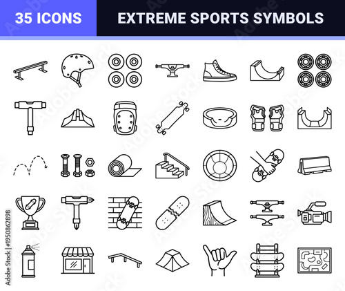 Extreme Skateboarding Equipment and Urban Skate Park Infrastructure Minimalist Monoline Symbols for Sports Interface Design and Navigation