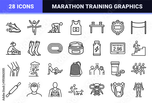 Running and Athletics Monoline Symbol Set for Race Timing Apps and Marathon Training Dashboards featuring Minimalist Black Outlines