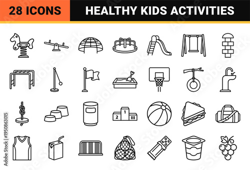Outdoor Playground and Childhood Recreation Line Art Symbols for School Activity and Healthy Lifestyle UI Design with Minimalist Monoline Aesthetic