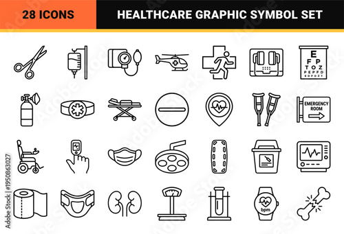 Emergency Medical Line Art Symbols for Urgent Care UI Design Featuring Monoline Paramedic and Hospital Equipment Healthcare Graphics