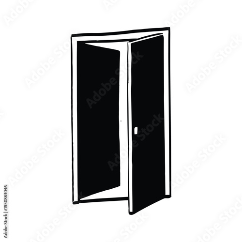 Black and white retro vintage illustration of open door hand drawn style art vector