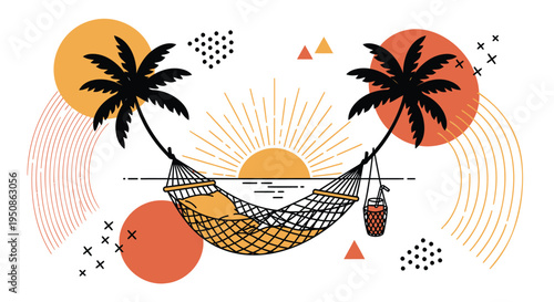 Vector tropical summer background with hammock, palm trees and sunset