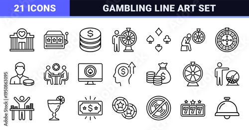 Casino Gambling Entertainment Monoline Symbols Featuring Slot Machines Poker Chips Roulette Wheels and Playing Cards in Minimalist Line Art Style