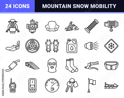 Snowmobile and Winter Power Sports Technical Monoline Symbols. Minimalist Outline Style for Cold Weather Mobility and Backcountry Equipment.