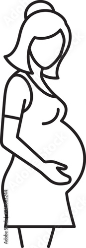 Simple icon of a pregnant woman in a dress, hand on belly. Minimalist vector graphic representing pregnancy, expectation, and motherhood.