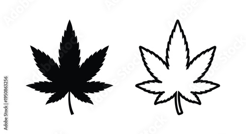 Two cannabis leaves one solid one outlined in black and white silhouette