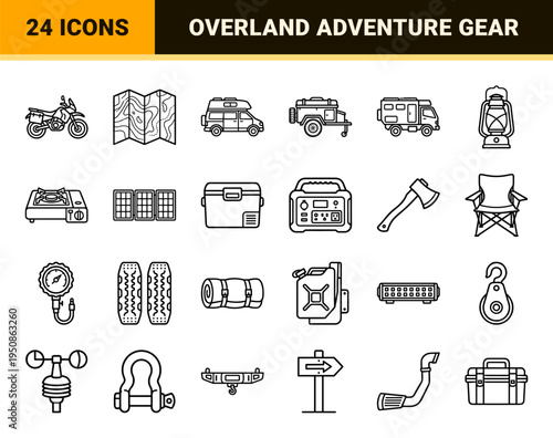 Off-Road Adventure and Overlanding Equipment Monoline Symbols featuring Technical Line Art for Rugged Vehicle Travel and Outdoor Exploration.