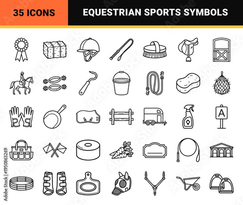 Equestrian Sports Monoline Outline Symbols for Horse Riding Equipment and Stable Care Featuring Minimalist Professional Geometric Design
