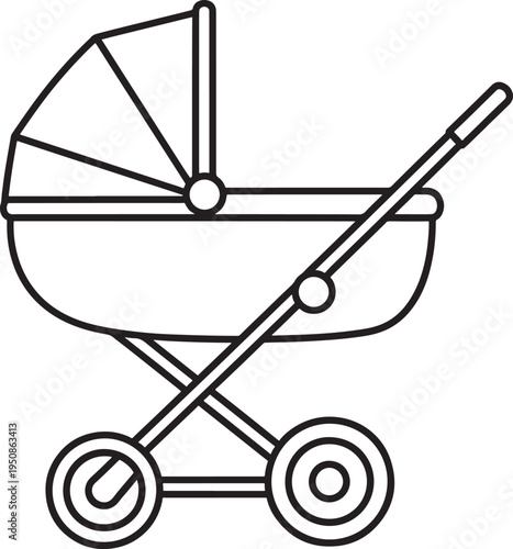 Classic baby stroller outline. Simple line drawing of a pram, symbolizing new arrivals, family outings, and infant transport.