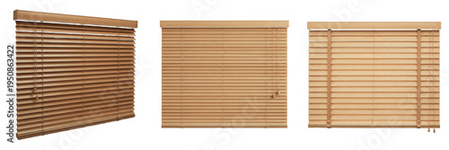 Handcrafted Wooden Venetian Blinds Collection, Natural Timber Window Horizontal Slats Set, Modern Basswood Interior Shutter Grouping, Elegant Home Decor Accessory Isolated White Background Asset