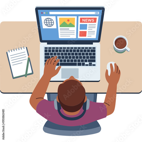 Person sitting at desk working on laptop with coffee and notebook