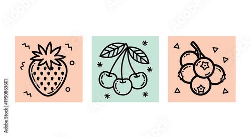 Set of 3 fruit icons vector, strawberry, cherry, berry