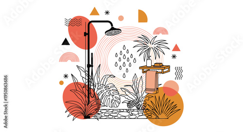 Vector illustration of tropical plants and shower head with geometric shapes