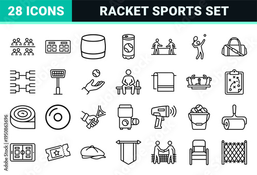 Professional Tennis Tournament Monoline Outline Symbols for Match Scheduling and Sports Management Systems featuring Uniform Stroke Weight Graphics