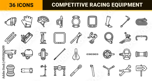 Professional Road Cycling Equipment and Bicycle Maintenance Monoline Outlines for Technical Design and Competitive Sport Navigation Systems.