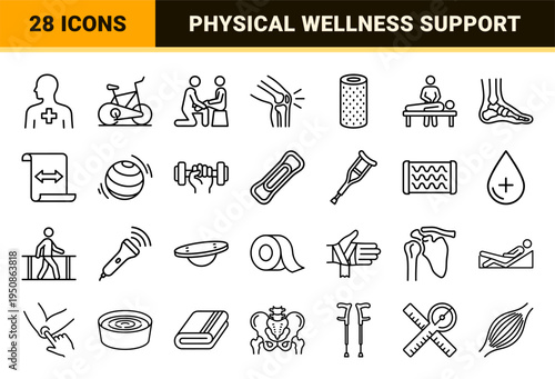 Physical Therapy and Rehabilitation Monoline Symbols Featuring Medical Exercise Equipment and Orthopedic Care Treatment Line Art Graphics