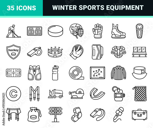 Ice Hockey Equipment and Winter Sport Monoline Icons featuring Minimalist Outlines of Skates, Sticks, Helmets, and Arena Gear for Coaching.