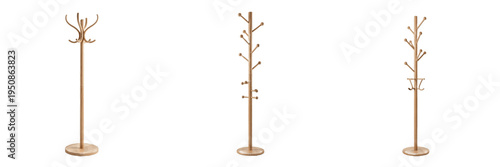 Fotografie Modern Wooden Coat Rack Collection, Minimalist Natural Timber Standing Hat Hange