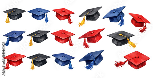 A beautiful collection of watercolor graduation caps in black, blue, and red with flowing tassels in various angles, isolated on a transparent background.