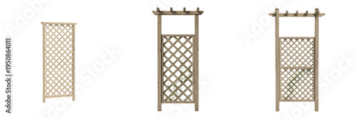 Wooden Garden Trellis and Pergola Collection, Decorative Outdoor Lattice Screen for Climbing Plants, Rustic Pine Backyard Privacy Panel Set, Timber Arched Support Isolated White Background