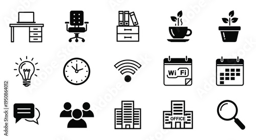 Black icons depicting office elements and workspace minimalist silhouette