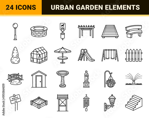 Urban Park Infrastructure and Garden Landscaping Symbols featuring Monoline Technical Outlines for Architectural Site Plans and City Wayfinding.