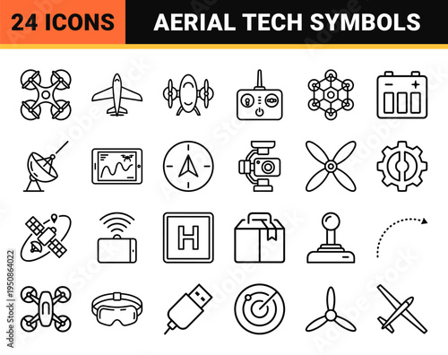 Technical Monoline Unmanned Aerial Vehicle Symbols Featuring Precision Outlines for Drone Flight Control and Remote Surveillance Systems