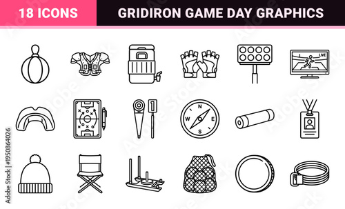 American Football Monoline Symbols for Athletic Training Apps and Sports Broadcast Design featuring Minimalist Gridiron Equipment Graphics