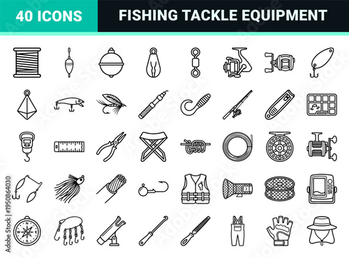 Professional Angling Equipment and Fishing Line Management Symbols in Minimalist Monoline Style for Commercial Marine Applications