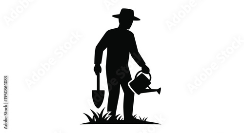 Gardener with watering can and shovel a striking black silhouette