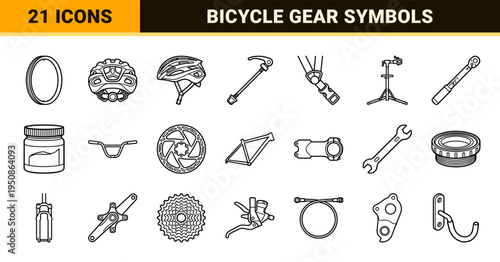 Professional Cycling Safety Equipment and Bicycle Component Technical Line Art Symbols for Competitive Road Racing and Mountain Biking Gear.