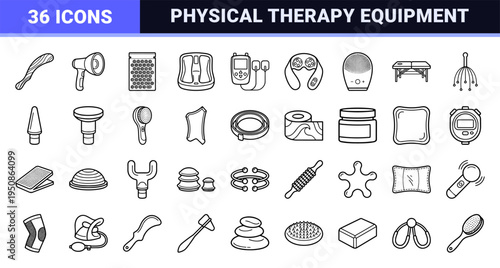 Muscle Recovery and Physical Therapy Equipment Line Art Symbols for Wellness and Rehabilitation Projects featuring Minimalist Vector Aesthetics