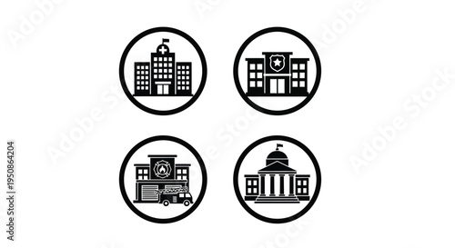 Four circular icons depicting government buildings in black silhouette