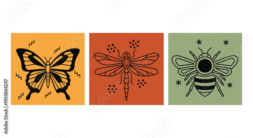 Set of 3 insect icons vector, butterfly, dragonfly, bee