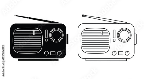 Two retro transistor radios displayed one dark and one light silhouette