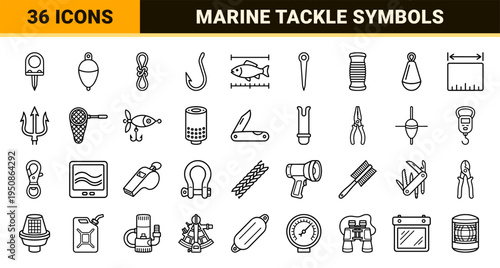 Marine Fishing Hardware and Terminal Tackle Symbols Featuring Technical Monoline Outlines for Commercial Angling and Maritime Utility Apps