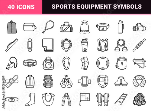 Athletic Equipment and Sports Gear Monoline Symbols featuring Fitness Duffels Gym Bags and Training Accessories in Technical Minimalist Aesthetic
