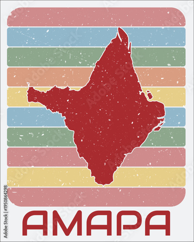 Amapa, Brazil vintage logo. Shape of the state on retro colored stripes background. Amapa, Brazil map design with grunge scratch texture. Vector illustration.