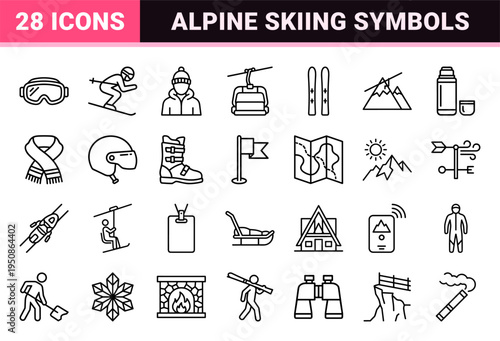 Professional Alpine Skiing Monoline Icons Featuring Winter Sports Equipment and Mountain Resort Navigation Symbols in Minimalist Outline Style