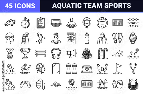 Water Polo and Aquatic Team Sports Outline Symbols in Minimalist Monoline Aesthetic for Professional Athletic Design and Competitive Swimming